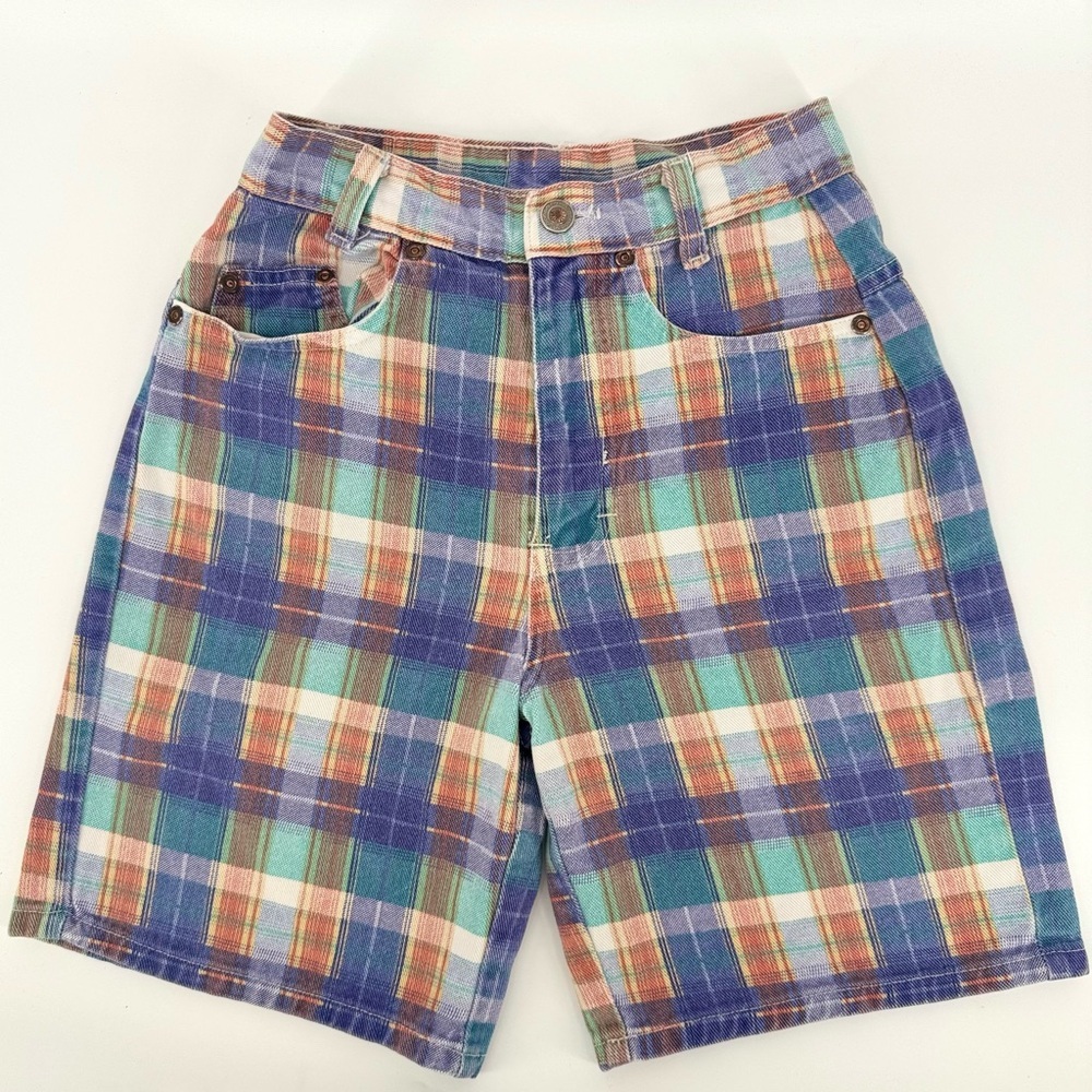 Vintage 1990s Classic Pastel Kids Plaid Bermuda Denim Shorts